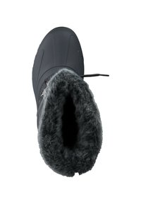 Sort vandtæt støvle med en blød grå faux fur-foring og struktureret sål. Har en snøre lukning øverst for en sikker pasform.