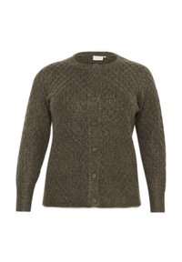 Olivgrön stickad cardigan med diamantmönster, rund hals och framknäppning. Har långa ärmar och en strukturerad yta.