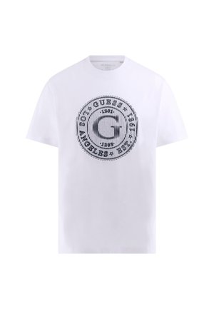 Fehér pamut póló, fekete kör alakú logóval, „G” betűvel és szöveg kiemelésekkel, kerek nyakkivágással, rövid ujjakkal és laza szabással.