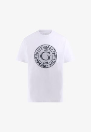 Fehér pamut póló, fekete kör alakú logóval, „G” betűvel és szöveg kiemelésekkel, kerek nyakkivágással, rövid ujjakkal és laza szabással.