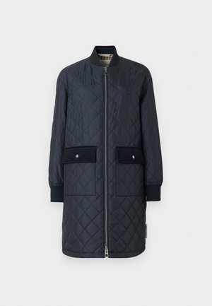 Marineblaue, gesteppten lange Jacke mit einem gerippten Kragen, Frontreißverschluss und zwei großen Vordertaschen. Verfügt über eine glatte Textur und Akzentnähte.