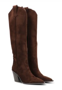 Botas de ante marrón hasta la rodilla con punteras puntiagudas, tacones angulados y detalles de costura decorativa a lo largo de los lados. Cierre con cremallera en el interior.