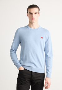Hellesblaues Rundhals-Pullover aus weichem Strickstoff, mit langen Ärmeln und einem kleinen roten Logobadge auf der Brust. Kombiniert mit schwarzen Hosen.