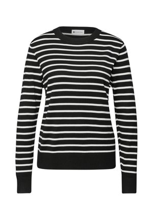 Suéter de rayas blancas y negras con escote redondo, mangas largas y dobladillo acanalado. Confeccionado con tela tejida suave con patrones horizontales.