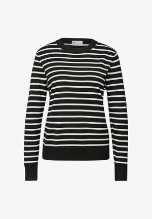 Mustavalkoraidallinen pusero, jossa pyöreä pääntie, pitkät hihat ja resorireuna. Valmistettu pehmeästä neulotusta kankaasta vaakasuorilla kuvioilla.