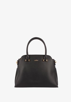 Zwarte leren handtas met een gestructureerde vorm, gouden hardware, dubbele handgrepen bovenaan en een subtiele textuur. Voorzien van een logo aan de voorkant.