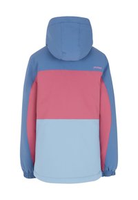 Farbblockierte Jacke mit einem blauen Oberteil, einem pinken Mittelteil und einem hellblauen unteren Bereich. Mit Kapuze und elastischen Bündchen.
