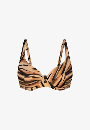Brązowy i beżowy biustonosz z wirującym wzorem, z fiszbinami wspierającymi, regulowanymi ramiączkami i zapięciem na środku. Gładka faktura materiału.