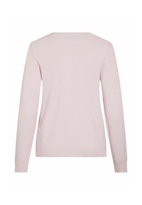 Pull à manches longues rose clair avec col, poignets et ourlet côtelés, vu de dos sur un fond blanc.