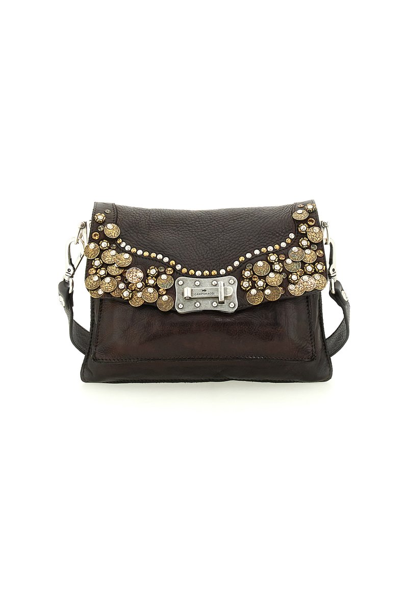 Borsa a tracolla in pelle nera con dettagli circolari in tono oro e chiusura in argento. Forma strutturata con tracolla removibile.
