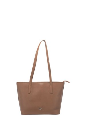 Brown leather tote bag with two long handles, rectangular shape, smooth texture, and a small logo detail on the front. Zippered closure.