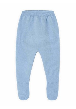 Pantalons en tricot bleu clair pour bébé avec une texture douce, une taille élastique et des fermetures arrondies aux pieds pour plus de confort. Design simple, sans motifs.