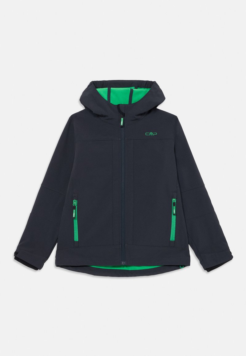 Giacca softshell navy con fodera e dettagli verdi. Presenta un cappuccio, zip frontale completa e due tasche laterali con zip.