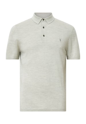 Graues kurzärmliges Poloshirt mit kragen, drei dunklen Knöpfen und einem dezenten Logo auf der Brust. Weicher, strukturierter Stoff.