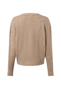 Beżowy sweter, lekki dzianinowy materiał, luźny krój, szeroki dekolt, długie rękawy, fakturowany materiał z subtelnym wzorem, skrócony dół.