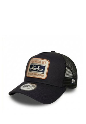Black mesh-back adjustable cap with "Buffalo, NY New Era Established 1920" patch on front and brand logo on side.