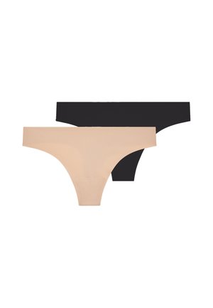 Zwei nahtlose Tanga-Unterhosen in Beige und Schwarz, flach liegend dargestellt, mit dem beigen Paar vorne auf dem schwarzen Paar auf weißem Hintergrund.