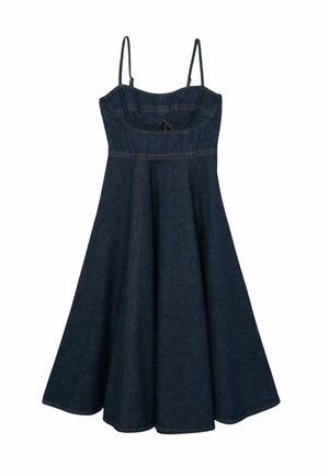 Granatowa sukienka midi z denimu z cienkimi ramiączkami, dopasowanym gorsetem i rozkloszowanym, o linii A spódnicą.