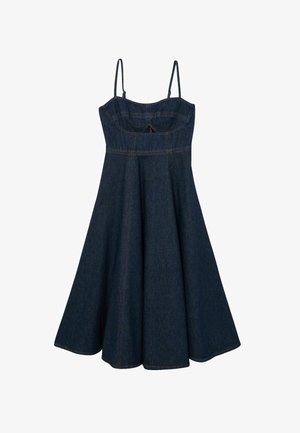 Dunkelblaues Denim-Midikleid mit Spaghettiträgern, tailliertem Oberteil und ausgestelltem A-Linien-Rock.
