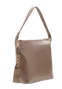 Sac d'épaule en cuir marron avec finition texturée, bandoulière réglable, ferrures dorées et détail logo. Design lisse et structuré.