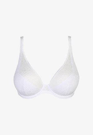 Witte kant beha met vormentassen, verstelbare banden en een haak-en-oog sluiting. Gladde textuur en driehoekige vorm. Geen versieringen.