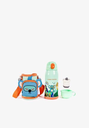 Child's green and orange insulated water bottle with jungle animal illustrations, matching cup, detachable filter, and blue animal-themed carrying case.