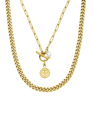 Gold layered necklace featuring a chunky chain and a flat link design, accented with a circular pendant and a pearl detail on a toggle clasp.