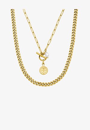 Goldbeschichtete Halskette mit einer massiven Kette und einem flachen Gliederdesign, verziert mit einem runden Anhänger und einem Perlendetail an einem Toggle-Verschluss.