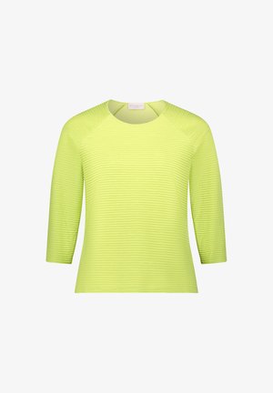 Limonkowo-zielony top z prążkowaną fakturą, okrągłym dekoltem i rękawami do łokcia. Wykonany z miękkiego, elastycznego materiału.