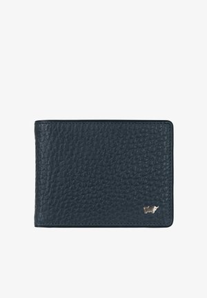 Portafoglio in pelle blu navy con superficie testurizzata, caratterizzato da un logo di un toro argentato in basso a destra e cuciture pulite lungo i bordi.