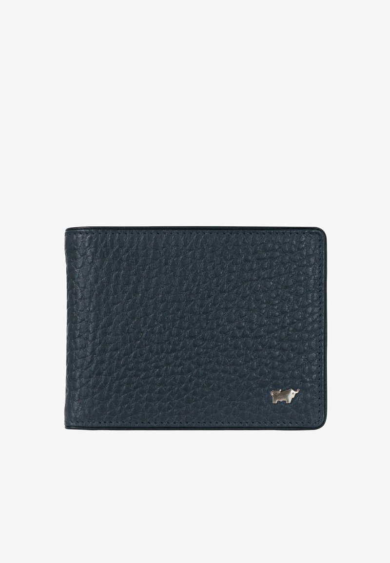 Portafoglio in pelle blu navy con superficie testurizzata, caratterizzato da un logo di un toro argentato in basso a destra e cuciture pulite lungo i bordi.