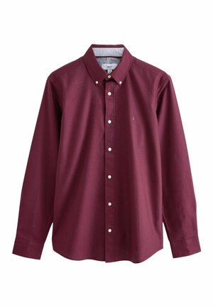 Cămașă burgundy cu mânecă lungă, cu guler, prevăzută cu nasturi albi și un logo subtil pe piept. Țesătură din bumbac, textură netedă.