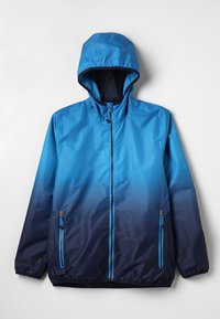 Blauwe gradient jas met een rits en voorzakken; bevat een capuchon, lichte stof en elastische manchetten.