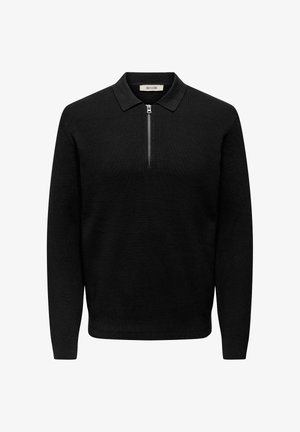 Črn rebrast pleten pulover z zip ovratnikom, dolgimi rokavi in ravnim robom. Tkanina je gladka, z rahlo teksturo in brez vzorcev.