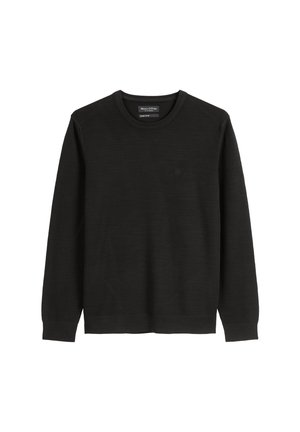 Black long-sleeve crewneck sweater with ribbed cuffs and hem, labeled as organic cotton by Marc O’Polo.