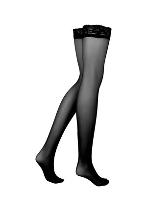 Collants noirs jusqu'aux cuisses avec une bordure en dentelle florale en haut, présentant une finition lisse et transparente ainsi qu'une texture uniforme sur toute la surface.