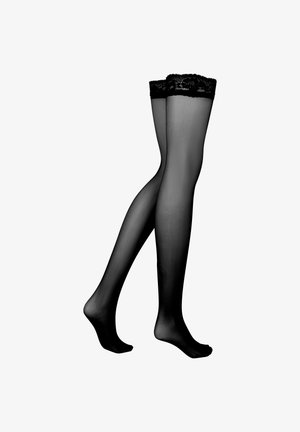 Zwarte kousen tot boven de dij met een bloemenkant rand aan de bovenkant, met een gladde, doorschijnende afwerking en een egale textuur overal.