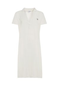 Abito polo bianco realizzato in cotone morbido, con colletto, maniche corte e un logo ricamato sul petto.