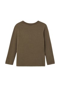 Langarm-T-Shirt in Olivgrün, aus weichem Baumwollstoff, mit Rundhalsauschnitt und geradem Saum, der minimale Nähdetails aufweist.