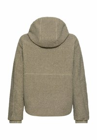 Widok od tyłu na taupe, teksturowaną kurtkę z polaru z przymocowanym kapturem i elastycznymi mankietami na długich rękawach.