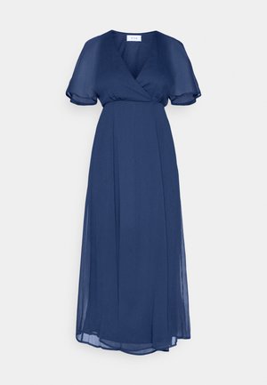 Abito lungo blu navy con design avvolgente, maniche a sbuffo corte e una silhouette A-line fluida. Realizzato in tessuto leggero e leggermente strutturato.