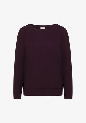 Vinröd långärmad tröja med ribbad struktur, rund halsringning och rak fåll. Har en etikett märkt "CECIL" på insidan.