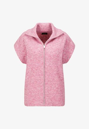 Korte mouwen, ritssluiting gilet in zacht roze breiwerk met een geribbelde textuur en hoge kraag. Heeft een rechte snit en een subtiel gestructureerd patroon.