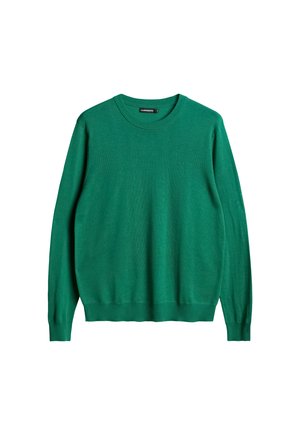 Pull vert en matériau doux et léger. Doté d'un col rond classique et de poignets et d'un ourlet côtelés. Détail de logo discret sur la poitrine.