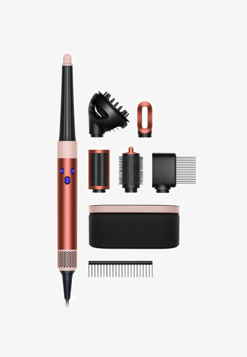 Set per lo styling dei capelli con una lunga bacchetta arricciacapelli, cinque accessori intercambiabili per spazzola e pettine e una custodia nera.