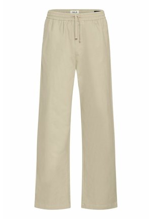 Pantaloni beige a gamba larga con vita elastica e coulisse regolabile. Tessuto di cotone liscio con tasche laterali.