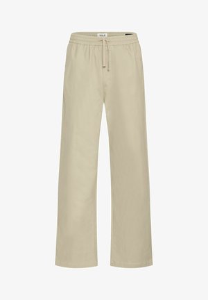 Beige wide-leg pants with an elastic waistband and adjustable drawstring. Smooth cotton fabric with side pockets.