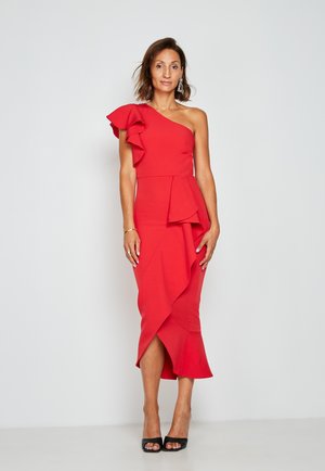 ONE SHOULDER RUFFLE MIDI DRESS - Cocktailkjoler / festkjoler - red