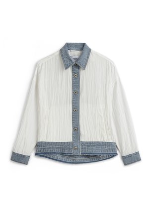 White textured long-sleeve shirt with blue denim collar, button placket, cuffs, and hem, featuring five buttons down the front.