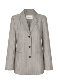 Gray pinstriped blazer with a notch lapel, three front buttons, and two side pockets. Made from textured fabric, tailored fit.